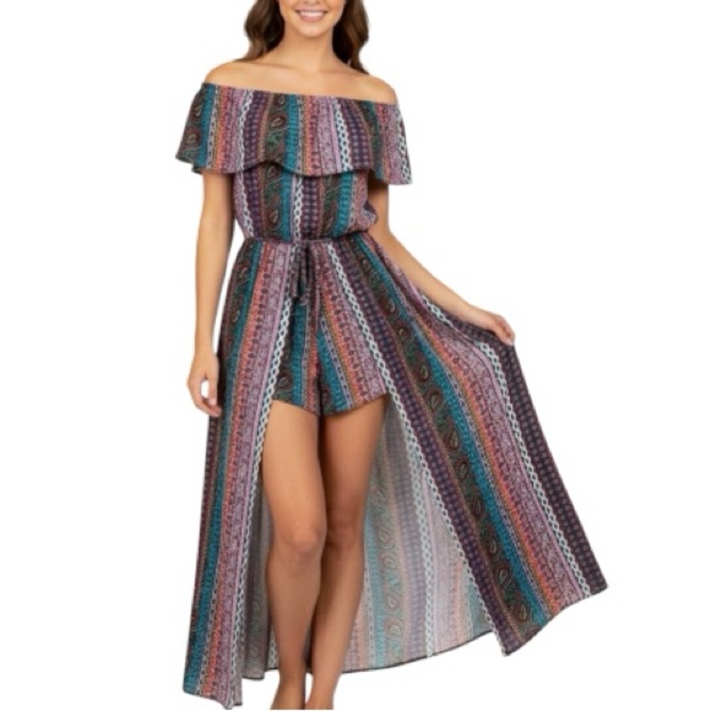 No Comment Boho Abstract Paisley Off the Shoulder Ruffle High Low Skirt Romper L